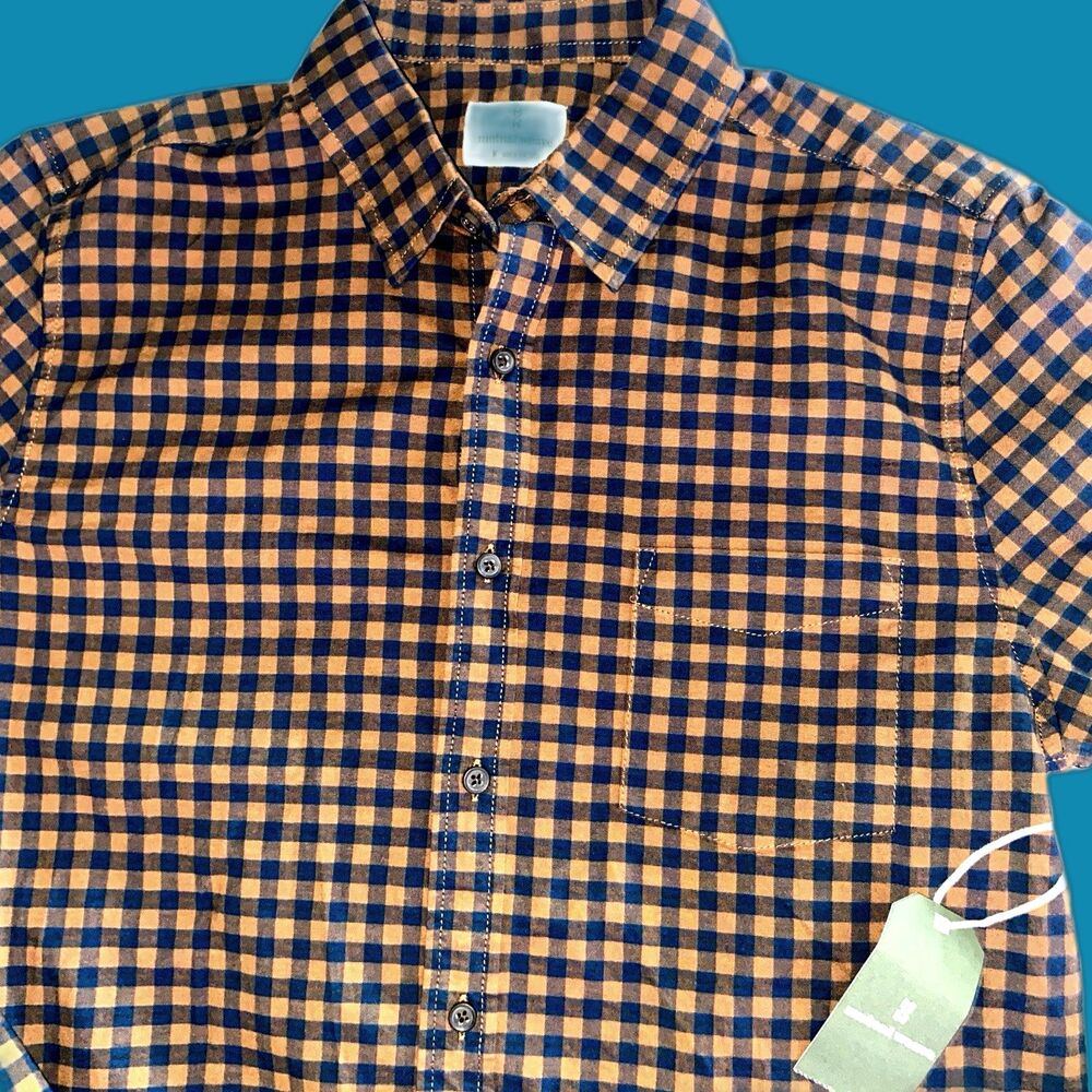 Mutual Weave Men’s Button-Down Shirt Large Teal Gingham Checked Long Sleeve